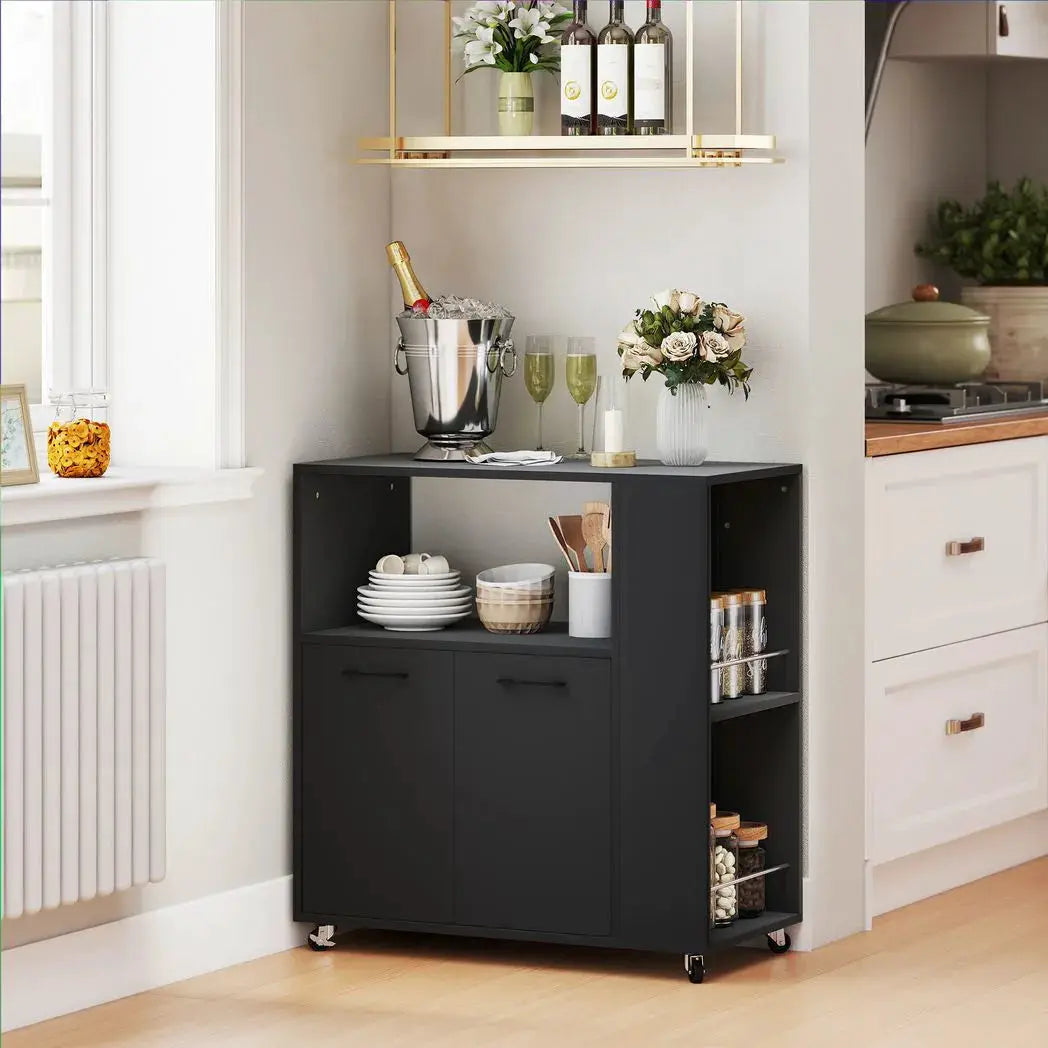 HOMCOM Kitchen Trolley on Wheels, Rolling Kitchen Island Cart with 2-Door Cabinet, Spice Rack and Adjustable Shelf, Black - from HOMCOM