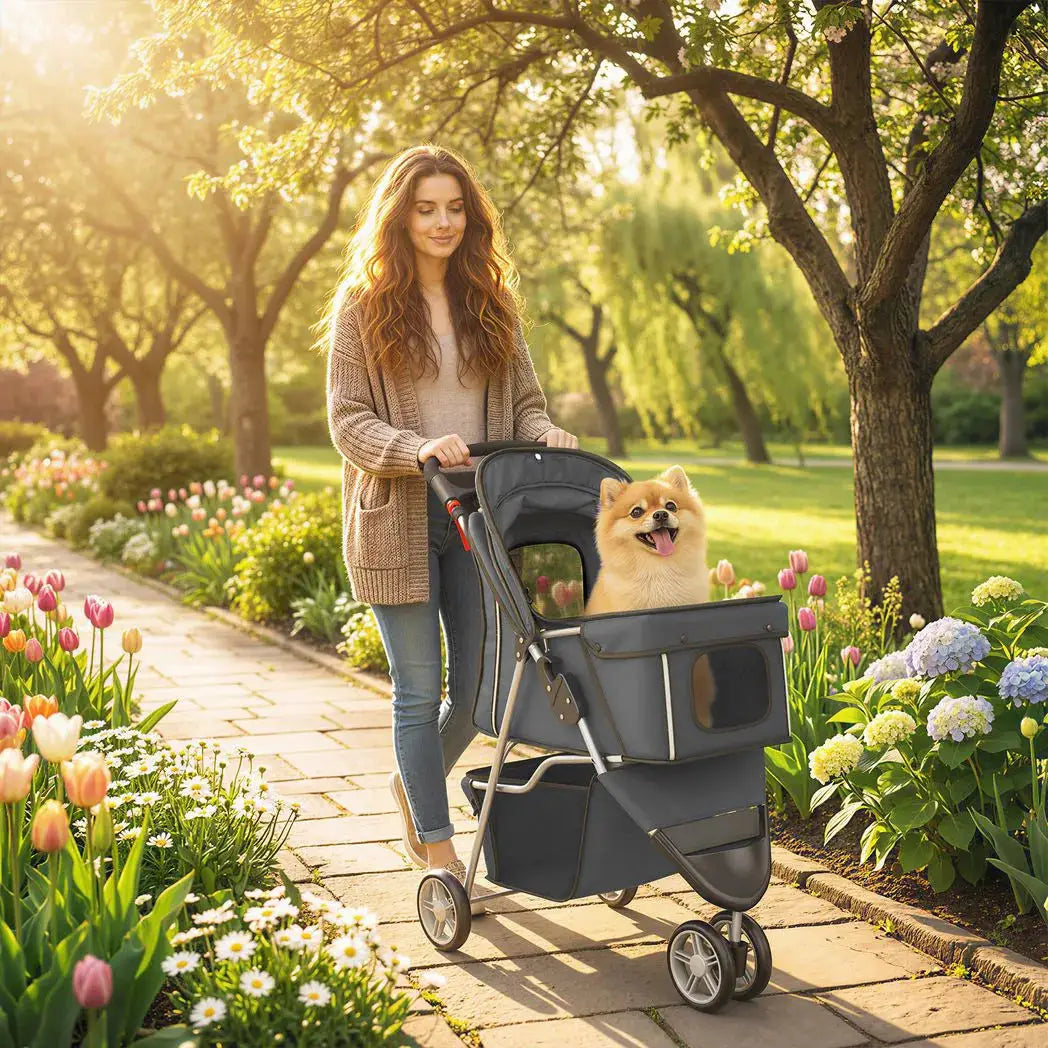 PawHut Dog Stroller, 3 Wheels Foldable Pet Stroller with Adjustable Canopy, Storage Basket for Small Mini Breeds, Dark Grey - from PawHut
