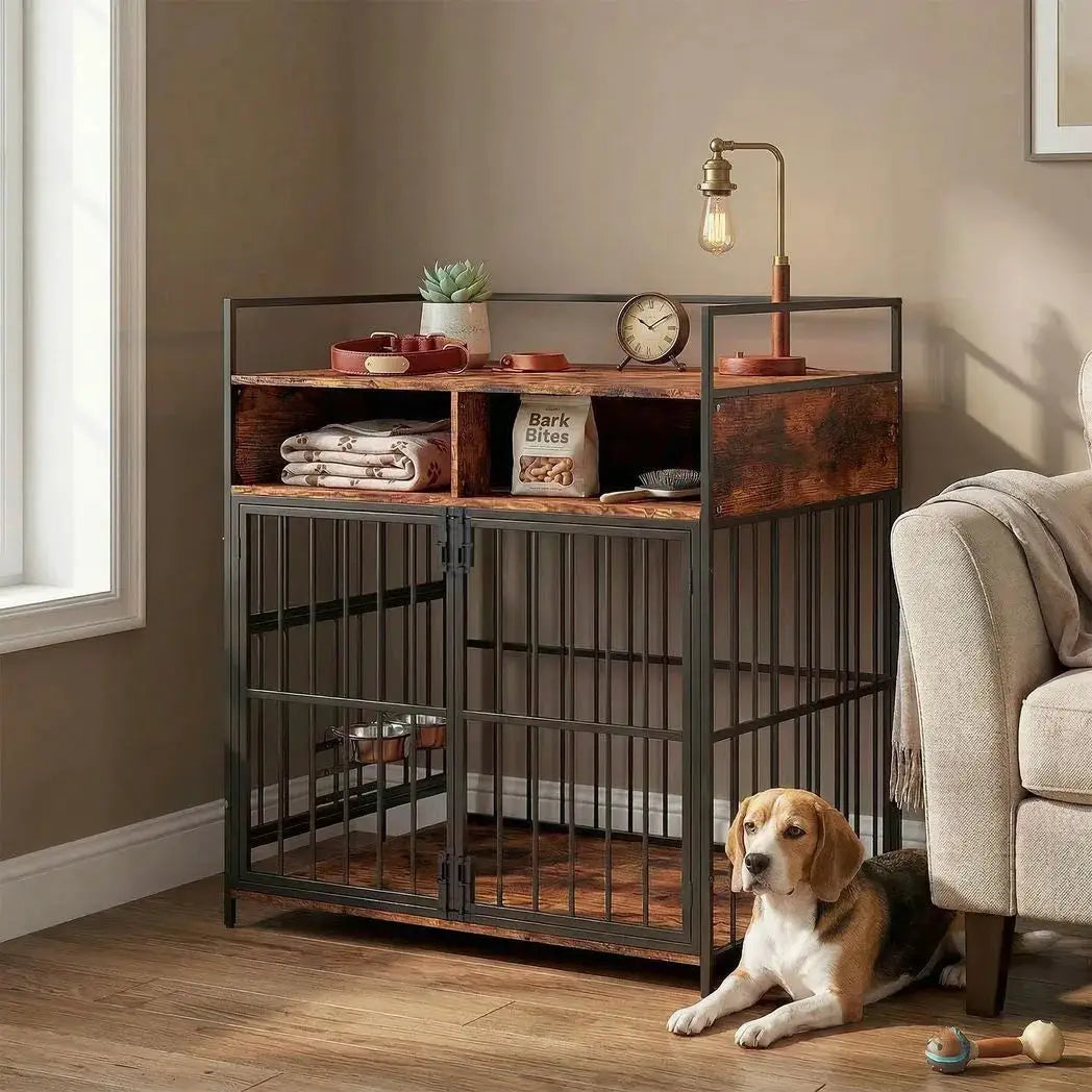 PawHut Dog Crate Furniture, Dog Cage with Rotatable Feeding Station and Storage Shelves, End Side Table Indoor Pet Kenne - from PawHut