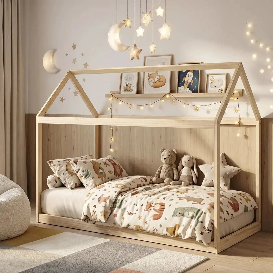 HOMCOM Single Bed Frame, House Scandinavian Wooden Bed Frame for 90W x 190Dcm Mattress, Pine Wood Bed Base, Natural Wood Finish - from HOMCOM