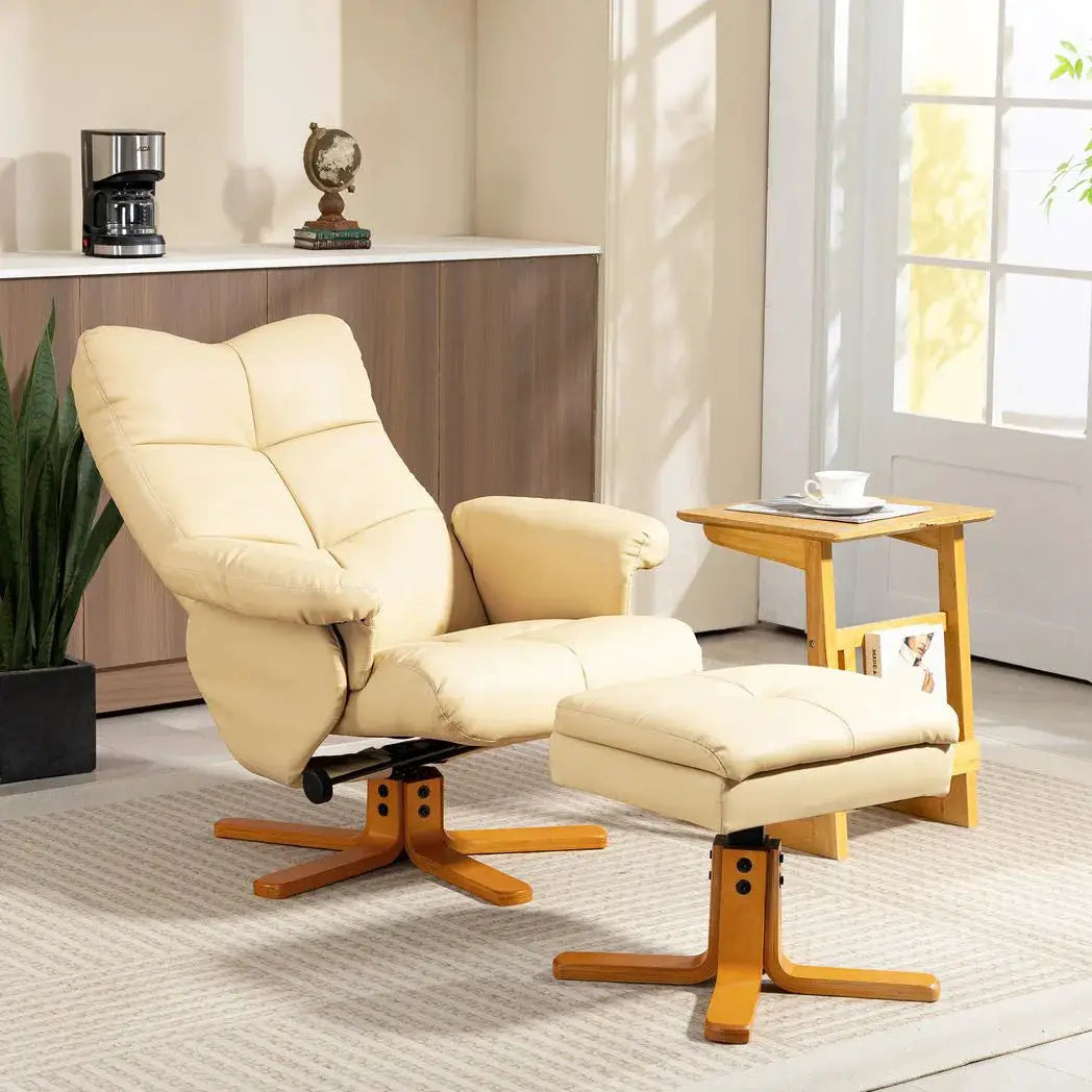HOMCOM PU Leather Swivel Recliner Chair with Footstool, Wooden Base and Storage for Living Room, Beige - from HOMCOM