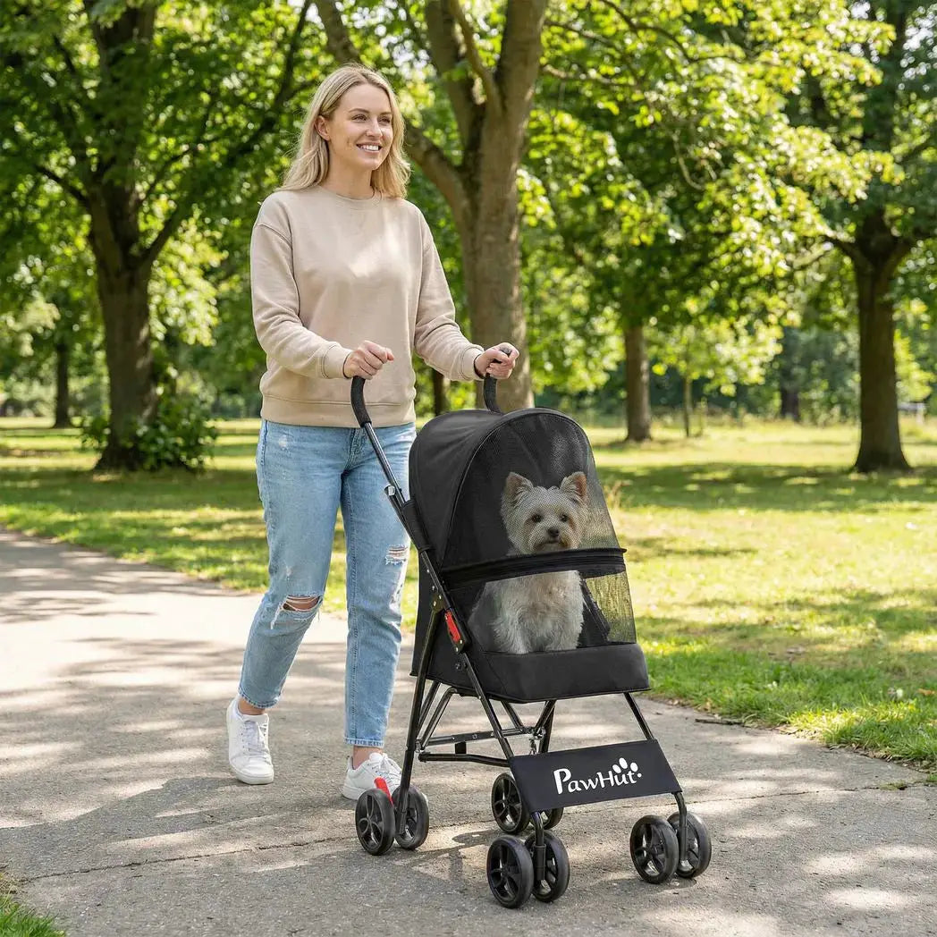 PawHut Dog Stroller, Foldable Cat Dog Pram for Miniature Breeds, Pet Stroller with Brake, Mesh Windows, Black - from PawHut