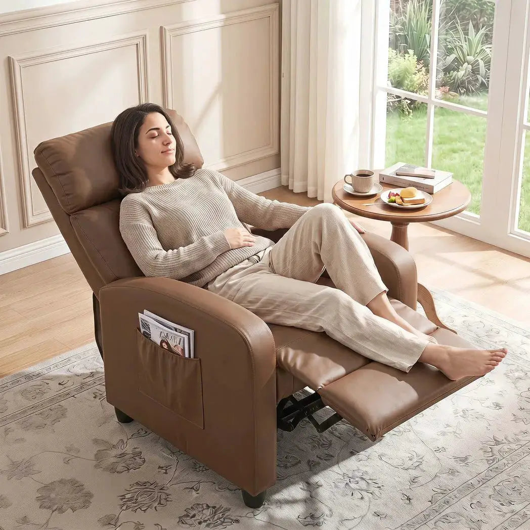 HOMCOM Recliner Armchair, Massage Faux Leather Push Back Reclining Chair with Adjustable Leg Rest, Side Pocket, Dark Brown - from HOMCOM