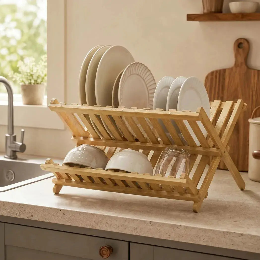 HOMCOM Kitchen Storage Unit, 2-Tier Foldable Kitchen Storage Rack with Slatted Draining Shelves, Natural Wood Finish - from HOMCOM