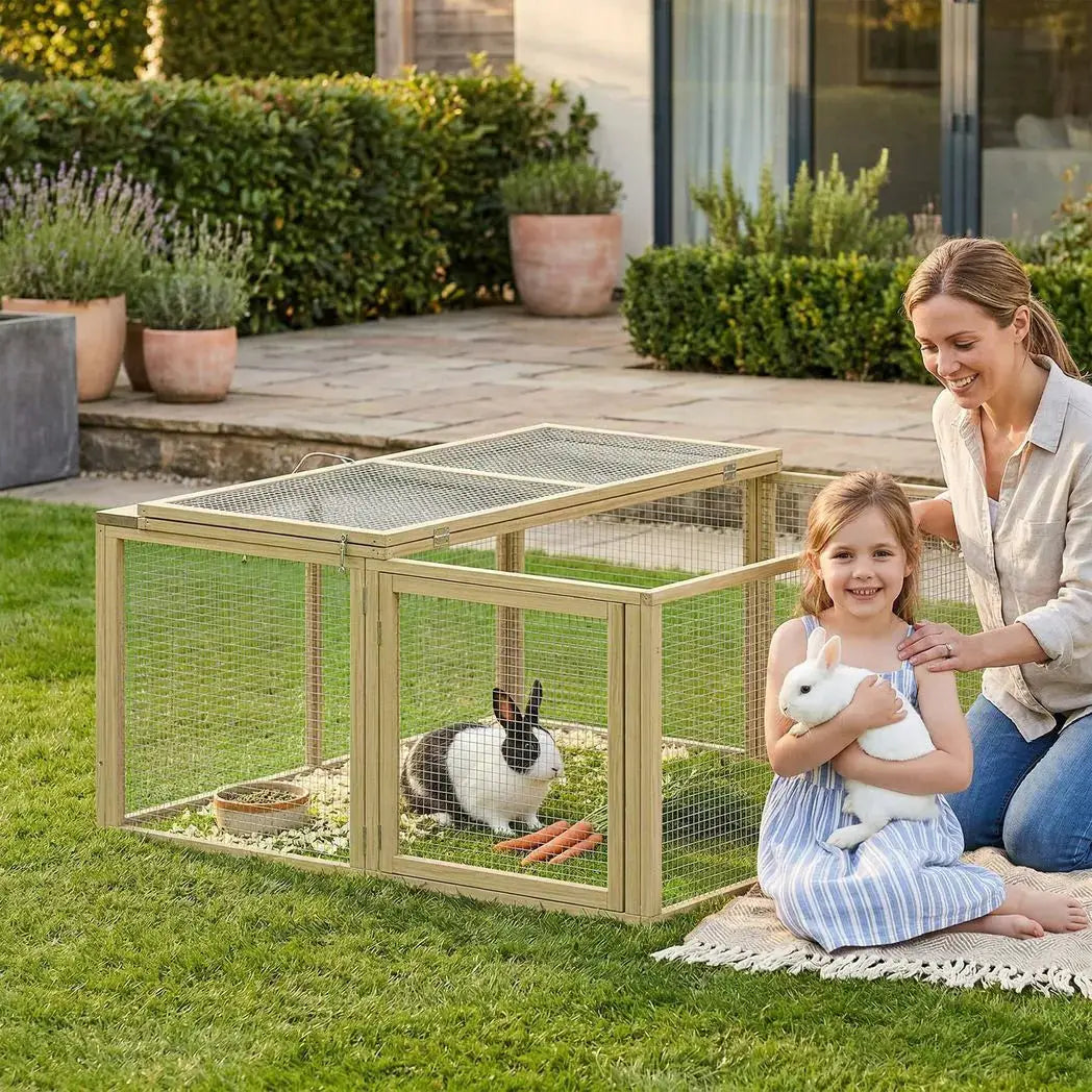 PawHut Wooden Folding Rabbit Hutch, for 2-3 Rabbits - Natural Wood - from PawHut