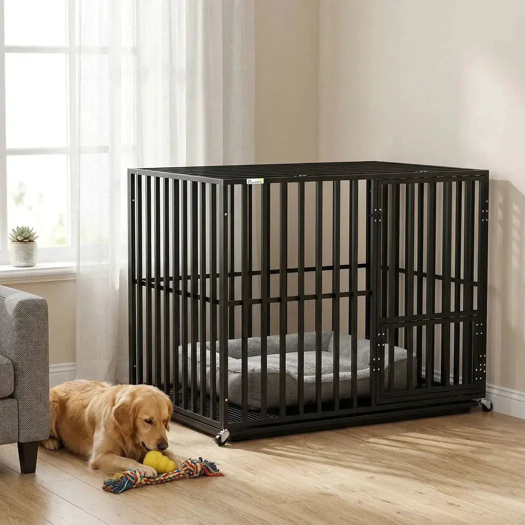 PawHut Heavy Duty Dog Crate, Dog Cage with Wheels for Medium Large Breeds, Metal Pet Kennel with Removable Tray - from PawHut