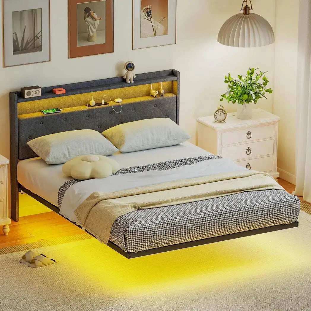 HOMCOM Floating Bed Frame, Upholstered 4ft6 Double Size Bed, Platform Bed with RGB LED Lights and Charging Station, Grey - from HOMCOM