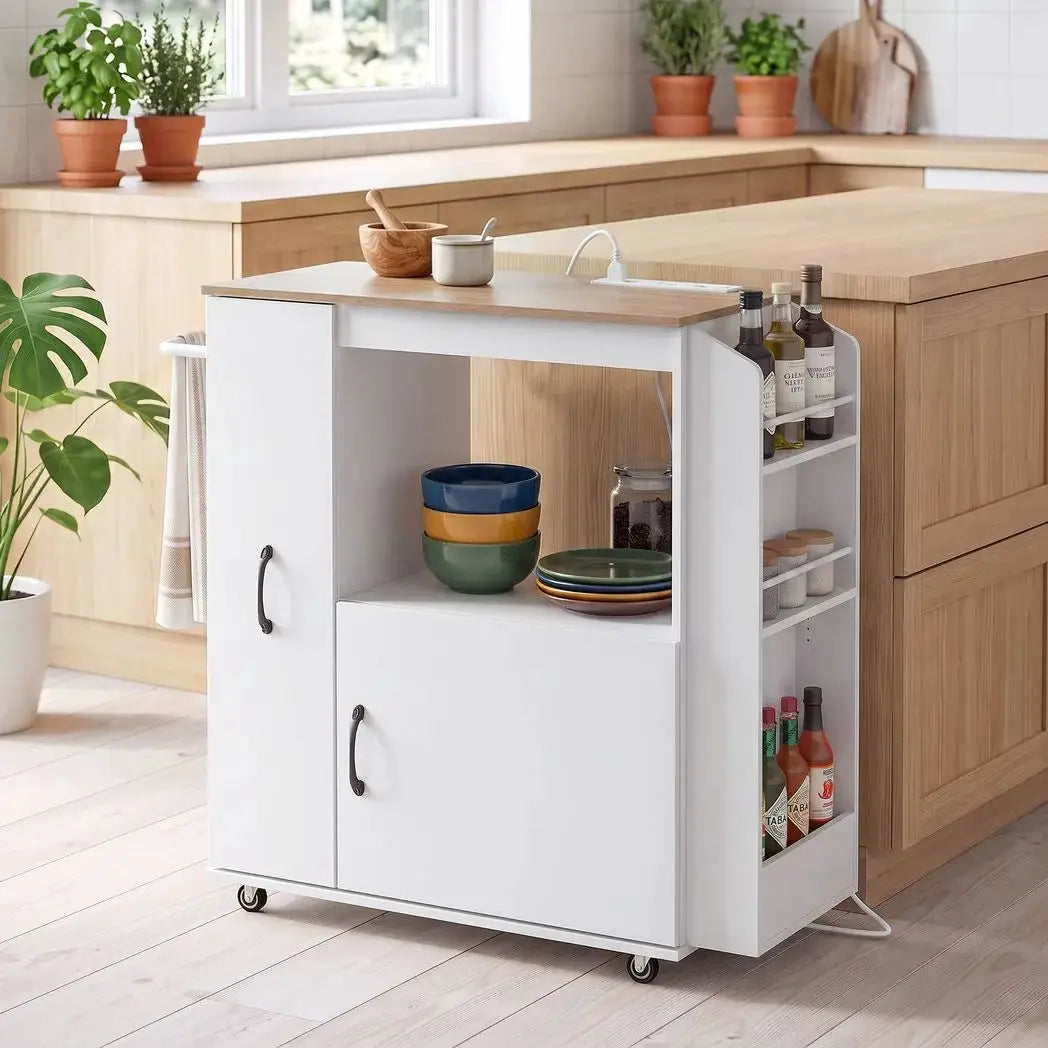 HOMCOM Kitchen Trolley on Wheels, Rolling Kitchen Island Cart with Power Outlet, Cabinet, Pull-Out Drawer, White - from HOMCOM