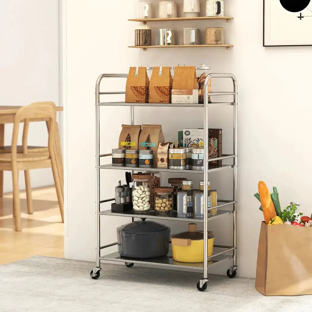 HOMCOM 4 Tier Stainless Steel Kitchen Storage Trolley with Adjustable Shelves - Silver - from HOMCOM