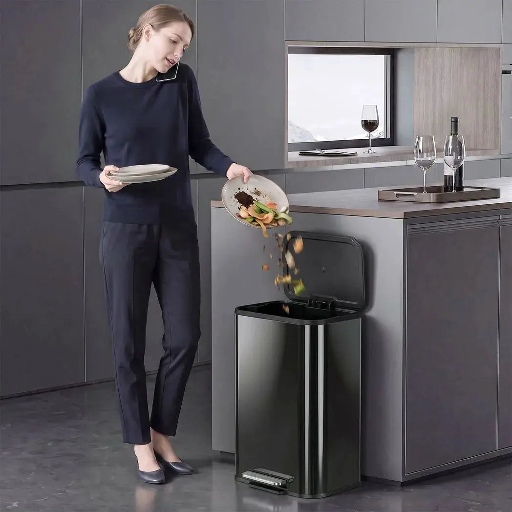 HOMCOM 50L Kitchen Bin, Metal Pedal Rubbish Bin with Soft Close and Stay-Open Lid, Removable Inner Bucket, High Gloss Black - from HOMCOM