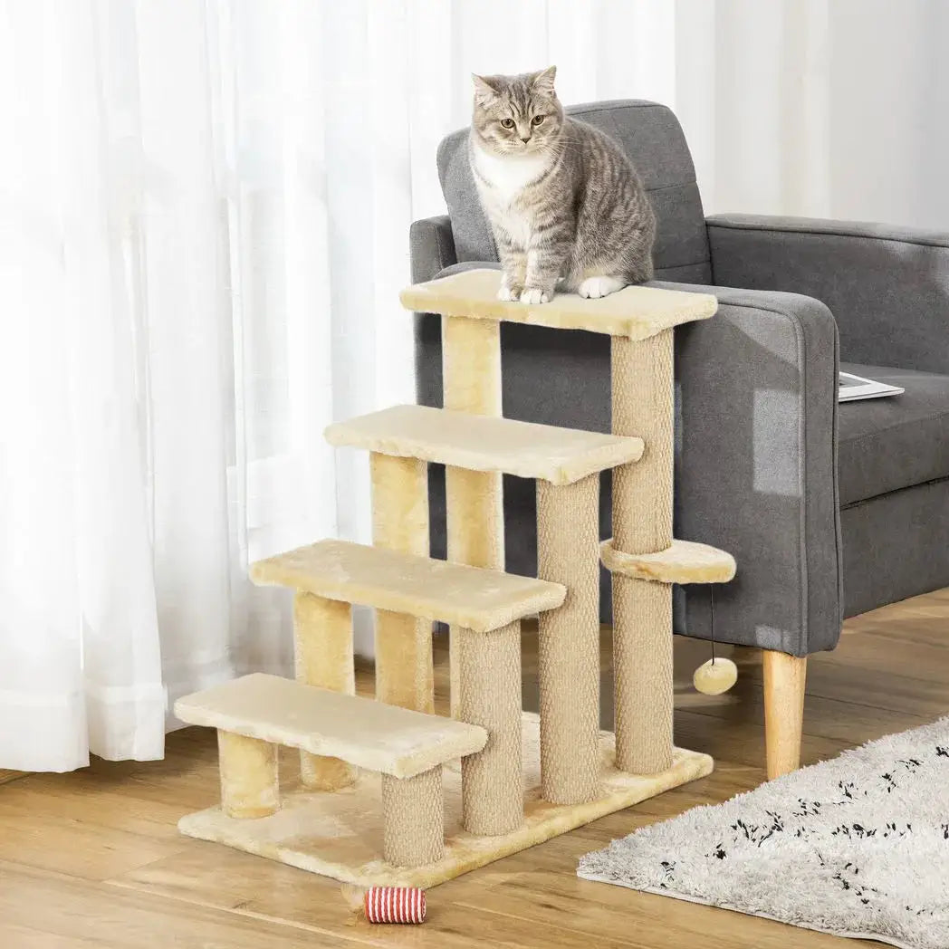 PawHut 4-step Pet Stairs with Scratching Posts, Platforms, Toy Ball, Beige - from PawHut
