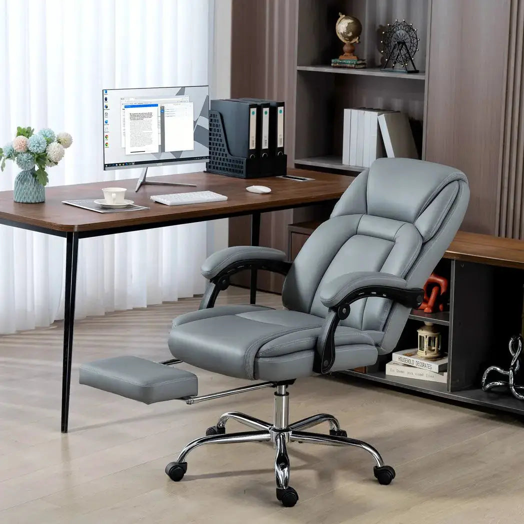 HOMCOM Faux Leather Reclining Office Chair, with Footrest - Grey - from HOMCOM
