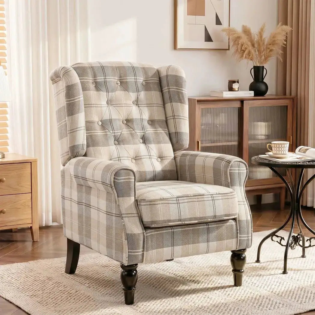 HOMCOM Wingback Accent Chair, Linen-Look Fabric Armchair with Thick Spring Cushion, High Back, Khaki Plaid - from HOMCOM