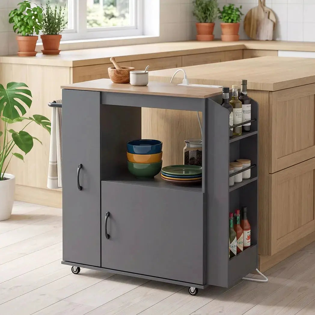 HOMCOM Kitchen Trolley on Wheels, Rolling Kitchen Island Cart with Power Outlet, Cabinet, Pull-Out Drawer, Grey - from HOMCOM