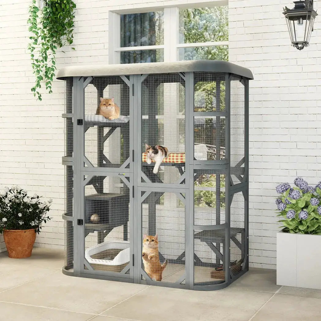 PawHut Catio Outdoor Cat Enclosure, Wooden Cat House with Platforms, Condo and Waterproof Cover for 2?3 Kittens, Grey - from PawHut