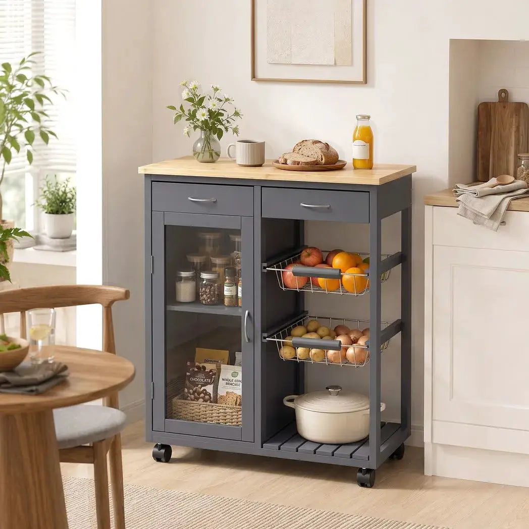 HOMCOM Bamboo Kitchen Island, Rolling Kitchen Trolley with Glass Door, 2 Metal Wire Baskets and Adjustable Shelf, Grey - from HOMCOM