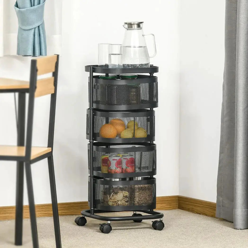 HOMCOM Metal Storage Cart, 4-Tier Storage Trolley on Wheels with 4 Mesh Baskets and Top Tray, Black - from HOMCOM