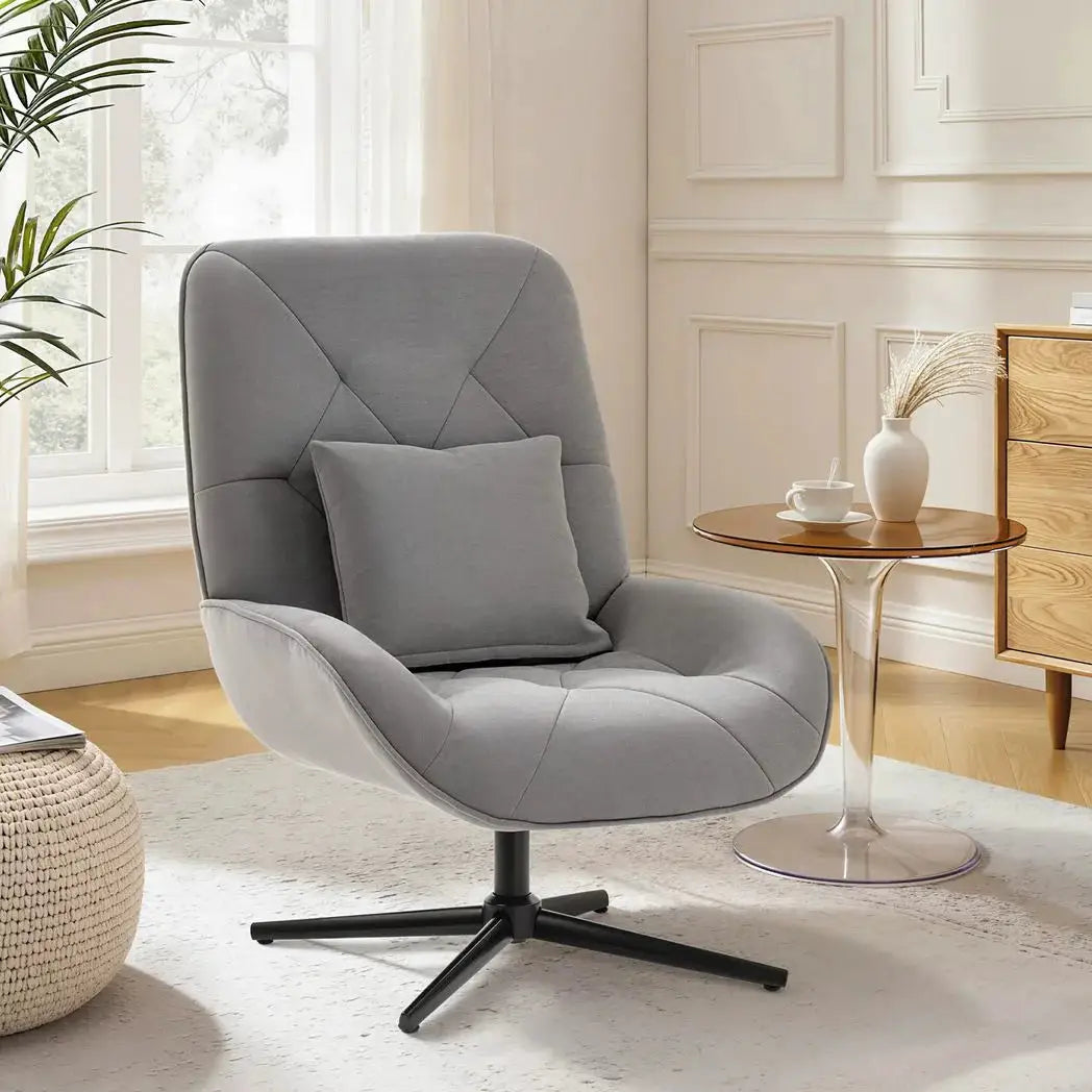 HOMCOM Accent Chair, Chenille Upholstered Swivel Armchair with Lumbar Pillow, High Back, Deep Seat and Metal Legs, Light Grey - from HOMCOM