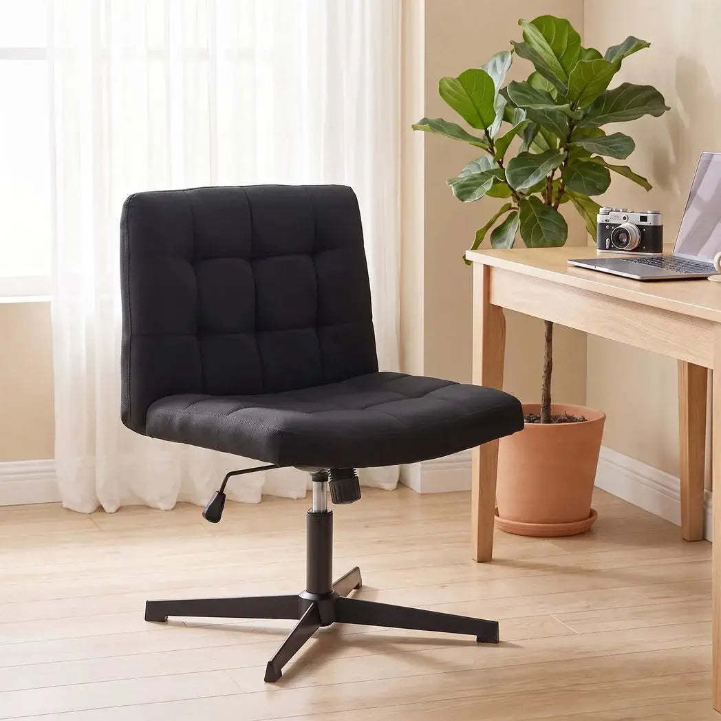 HOMCOM Armless Office Chair, Cross Legged Linen Computer Desk Vanity Chair with Wide Seat, Rocking Function, Black - from HOMCOM