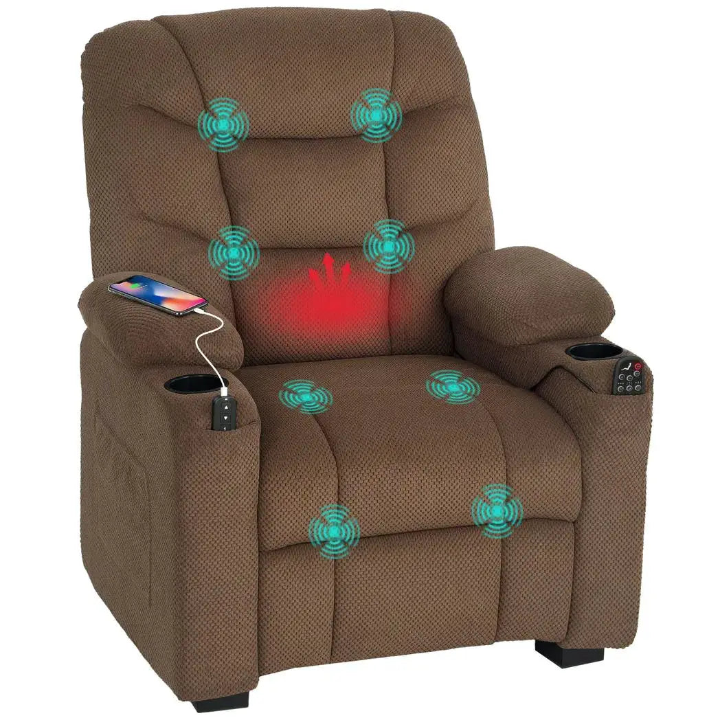 HOMCOM Electric Massage Recliner Armchair with Vibration, Heat, Whisper-Quiet Motor, Memory Function, Fleece Power Reclining Chair with Spring Pack, USB Port, Footrest, Side Pocket, Brown - from HOMCOM