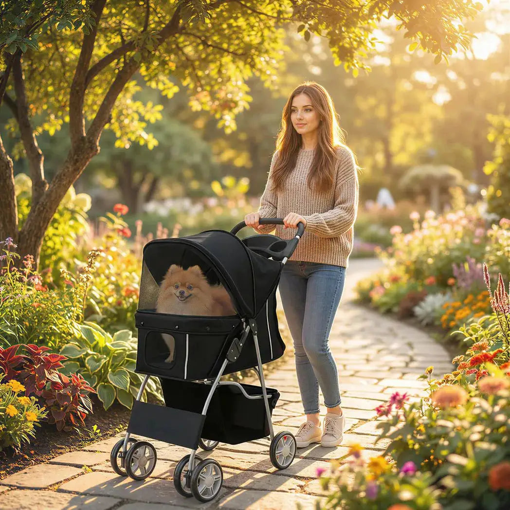 PawHut Dog Pram, Pet Stroller with Reflective Strips, Foldable Cat Stroller with 360° Swivel Wheels, Black - from PawHut