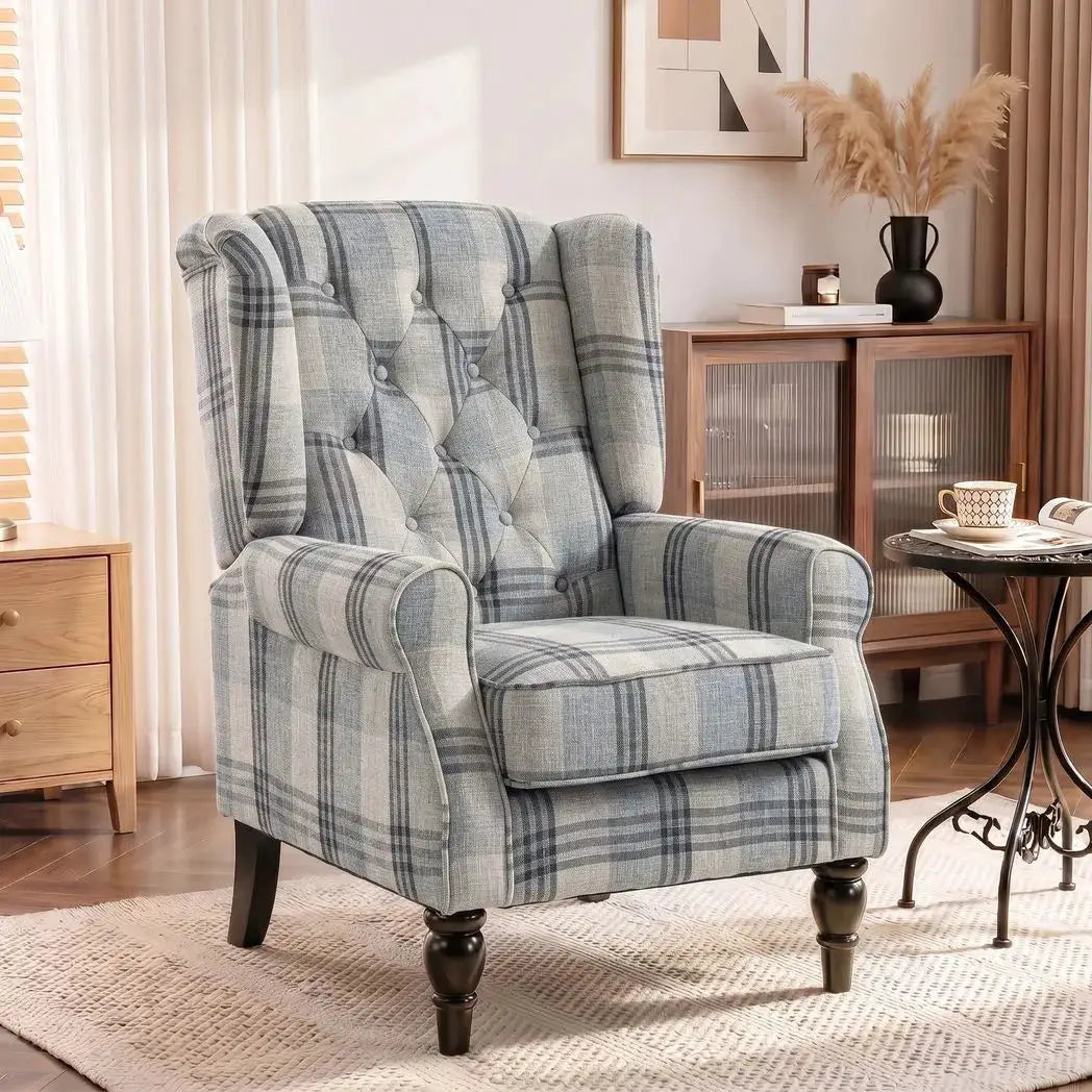 HOMCOM Faux Linen Armchair with Thick Spring Cushion, Wingback Accent Chair with High Back, Solid Wood Legs, Mixed Plaid - from HOMCOM