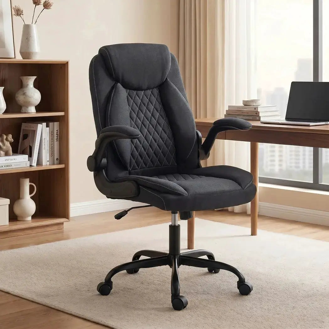 HOMCOM Linen-Look Computer Desk Chair, Executive Office Chair with Flip-Up Armrests and Thick Cushion, Black - from HOMCOM