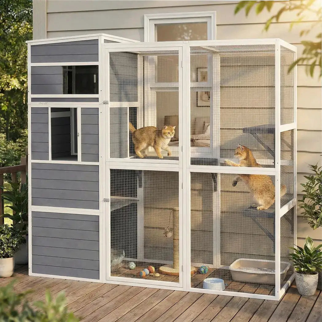 PawHut 4-Tier Wooden Catio Cat Outdoor Enclosure with Sun Roof, Resting Rooms, 3 Platforms, Window Outdoor Indoor, Grey - from PawHut