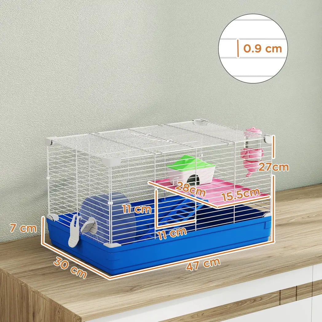 PawHut Hamster Cage, Small Gerbil Cage 2 Tiers Portable w/ Handle, Exercise Wheel, Water Bottle, Dishes, Blue - from PawHut
