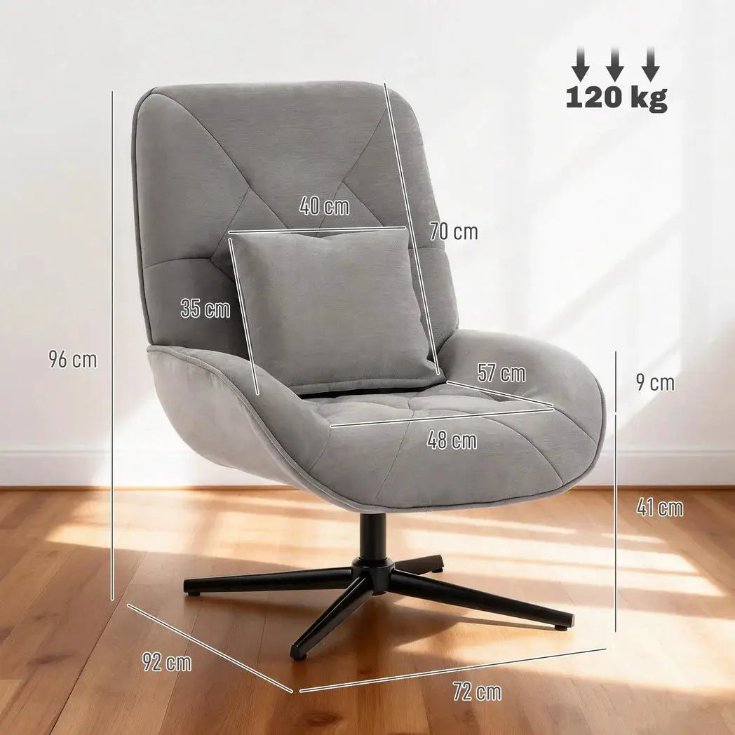 HOMCOM Accent Chair, Chenille Upholstered Swivel Armchair with Lumbar Pillow, High Back, Deep Seat and Metal Legs, Light Grey - from HOMCOM