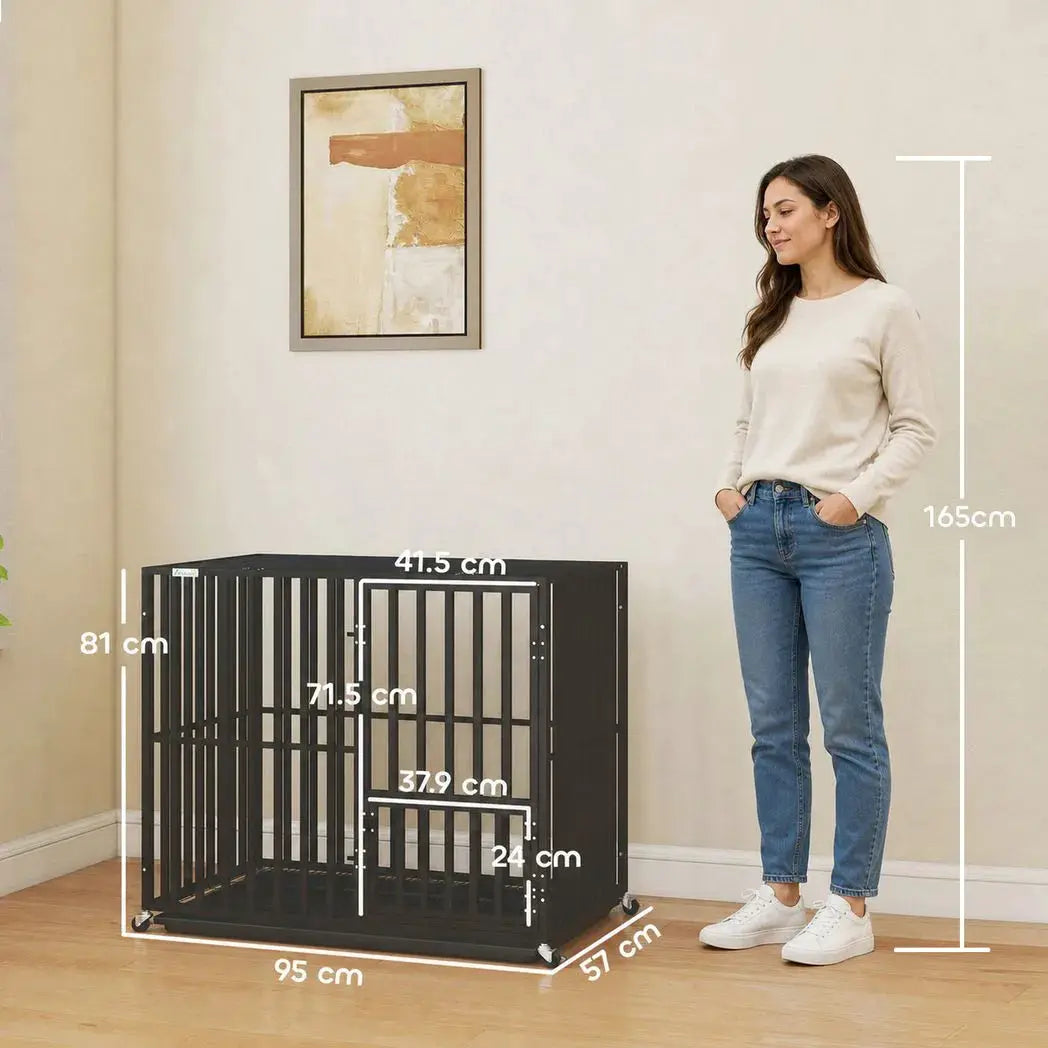 PawHut Heavy Duty Dog Crate, Dog Cage with Wheels for Small Medium Breeds, Metal Pet Kennel with Removable Tray - from PawHut