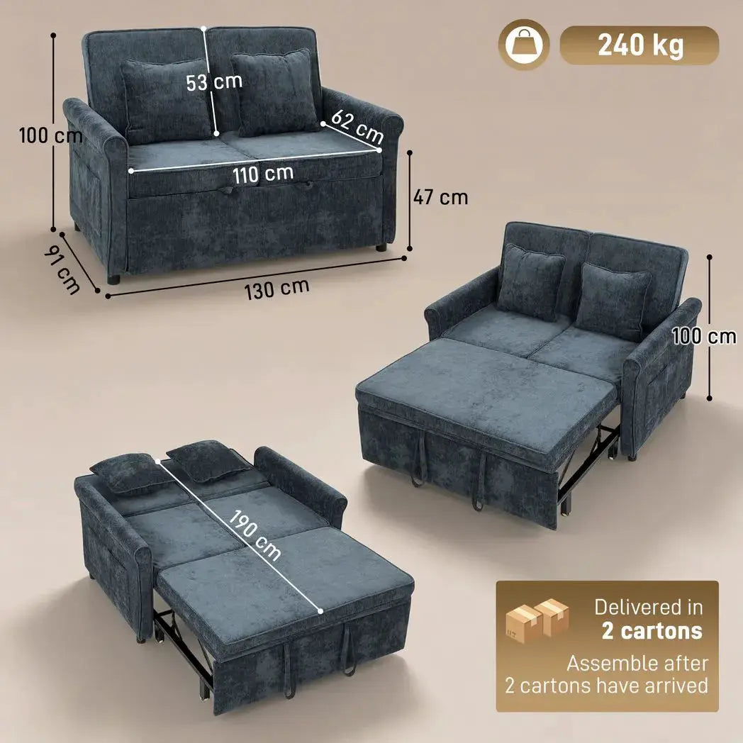 HOMCOM 2 Seater Sofa Bed 3-in-1 Convertible Chenille Pull Out Sleeper Sofa with 5-Position Adjustable Backrest, Dark Blue - from HOMCOM