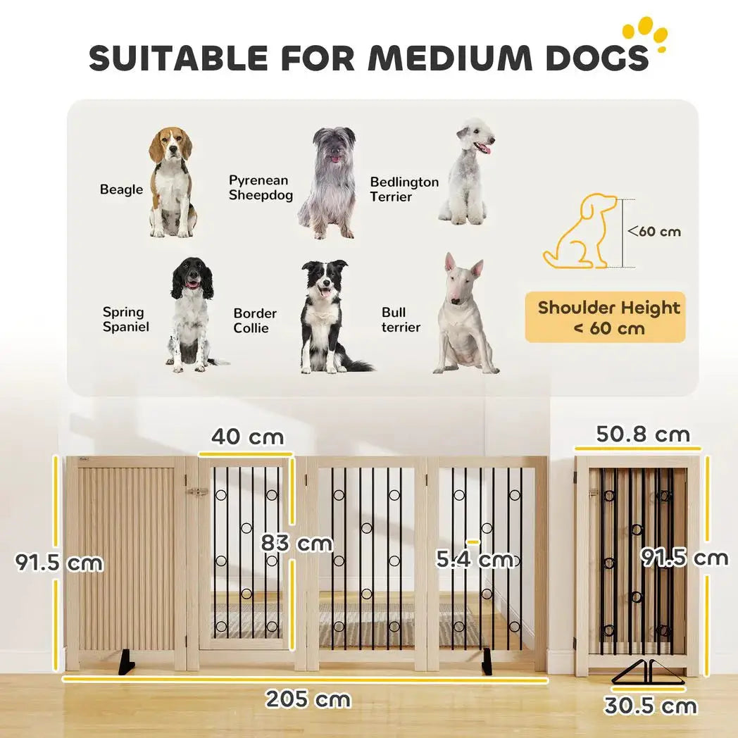 PawHut 4 Panel Freestanding Pet Gate, Indoor Dog Barrier with Lockable Door, Support Feet, 360° Flexible Hinges, Oak - from PawHut