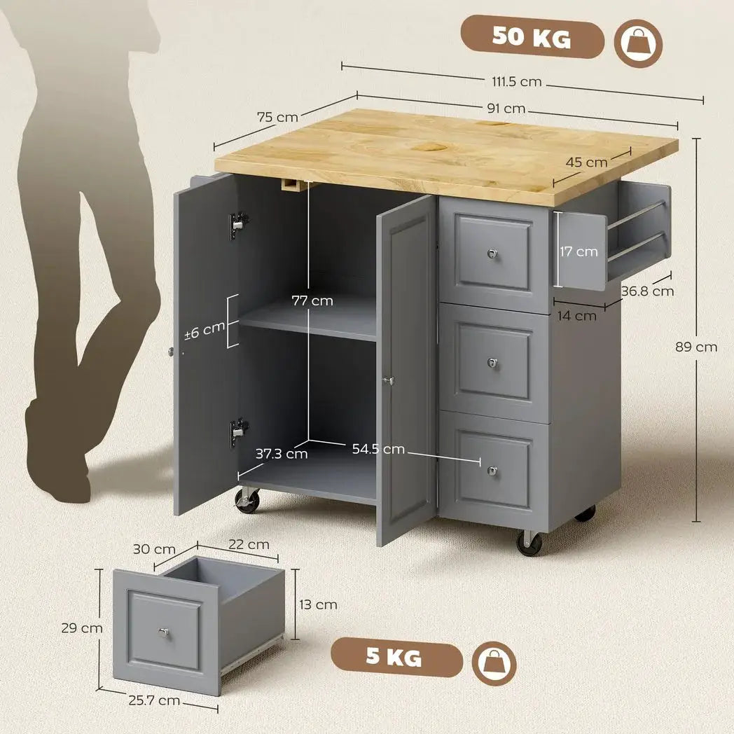 HOMCOM Kitchen Island on Wheels, Rolling Kitchen Storage Trolley with Drop Leaf, Drawers, Towel and Spice Rack, Grey - from HOMCOM