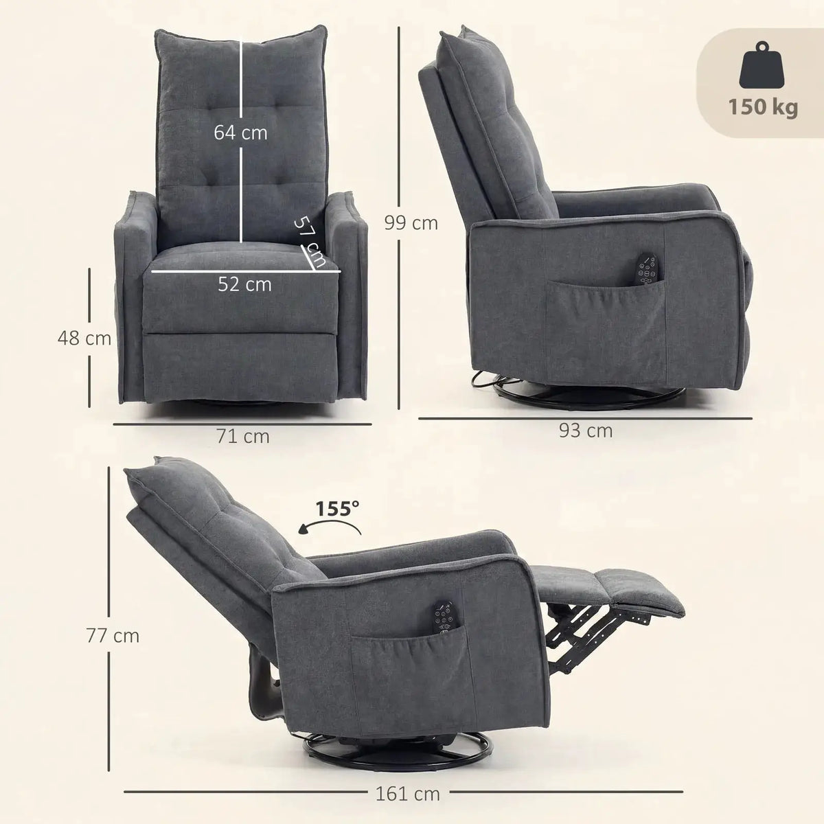 HOMCOM Recliner Armchair, Chenille Recliner Chair with Massage and Heat, 360° Swivel Rocking Manual Recliner, Dark Grey - from HOMCOM