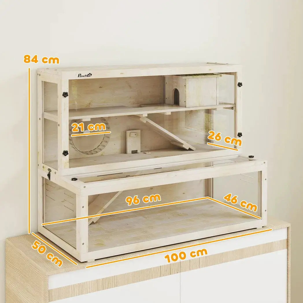 PawHut Wooden Hamster Cage with Hut, Wheel, Ramps, Removable Viewing Panels, 100 x 50 x 84 cm, Natural Wood - from PawHut
