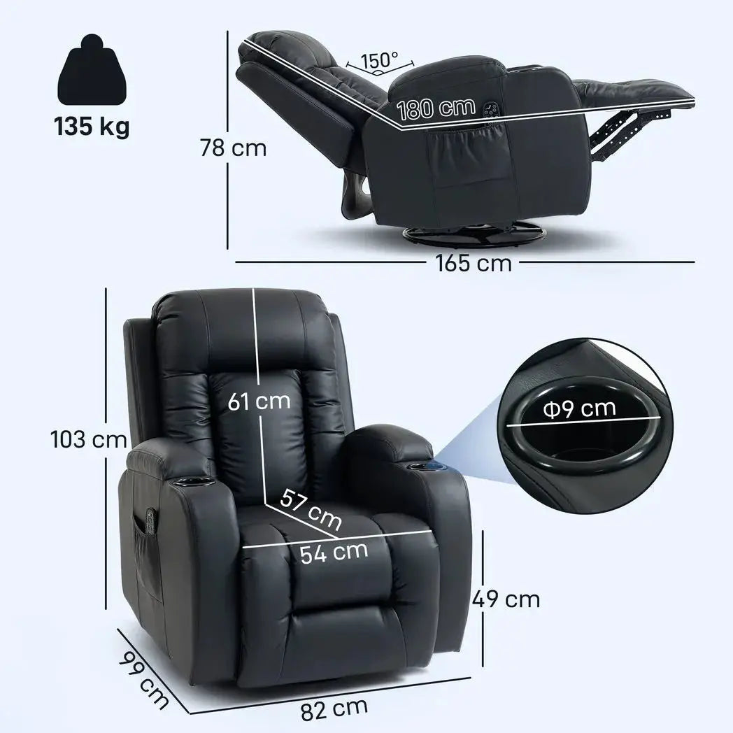 HOMCOM PU Leather Recliner Chair, Recliner Armchair with Extended Footrest, Cup Holders and Side Pockets, Black - from HOMCOM