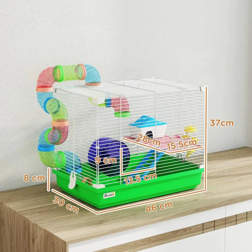 PawHut 2 Tier Hamster Cage, Gerbil Cage with Handle, Exercise Wheels, Tunnel, Water Bottle, Dishes, Ladder, for Dwarf - from PawHut