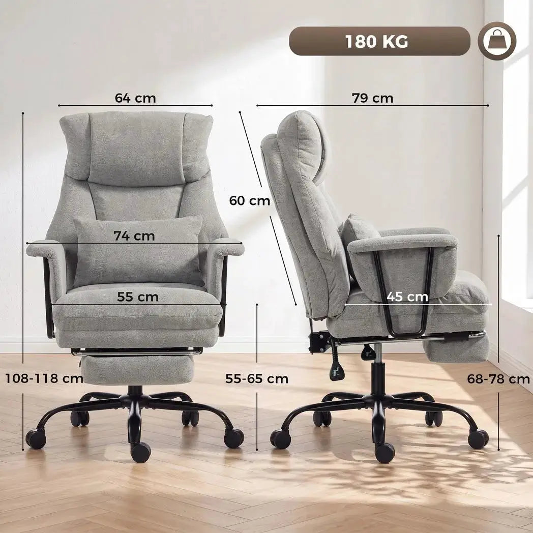 HOMCOM Office Chair, 180kg Heavy Duty Linen Computer Desk Chair with Lumbar Support, Wide Seat, Spring Cushion, Grey - from HOMCOM