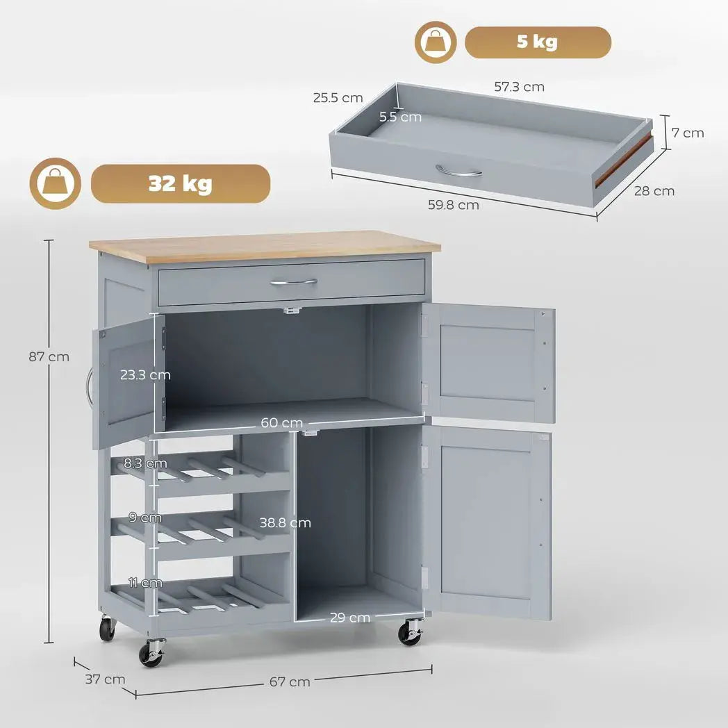 HOMCOM Modern Kitchen Trolley, Rolling Island Storage Cart with Drawer, 9-bottle Wine Rack, Door Cabinets, Wooden Countertop, Grey - from HOMCOM