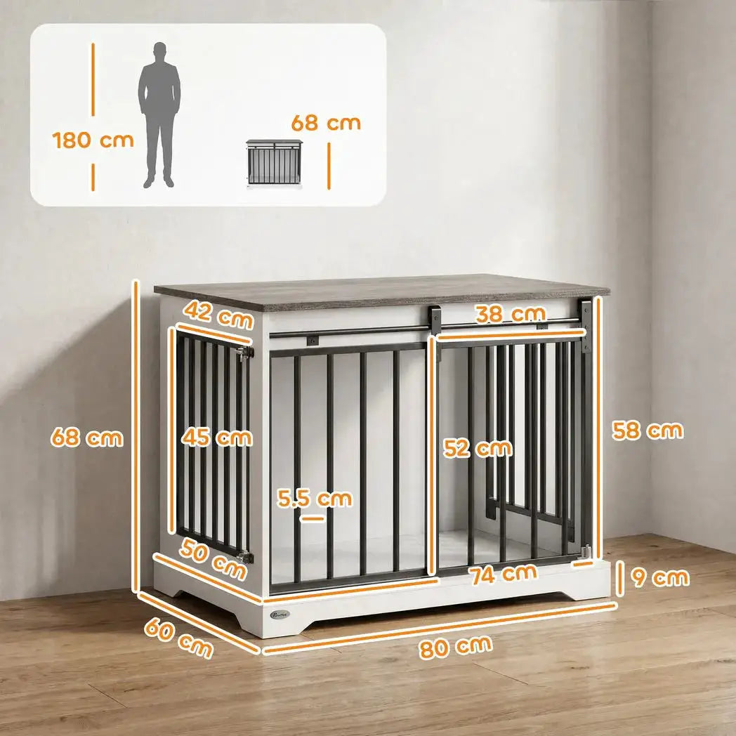 PawHut 80 cm Dog Crate Furniture with Sliding Barn Door for Medium Dogs, White - from PawHut