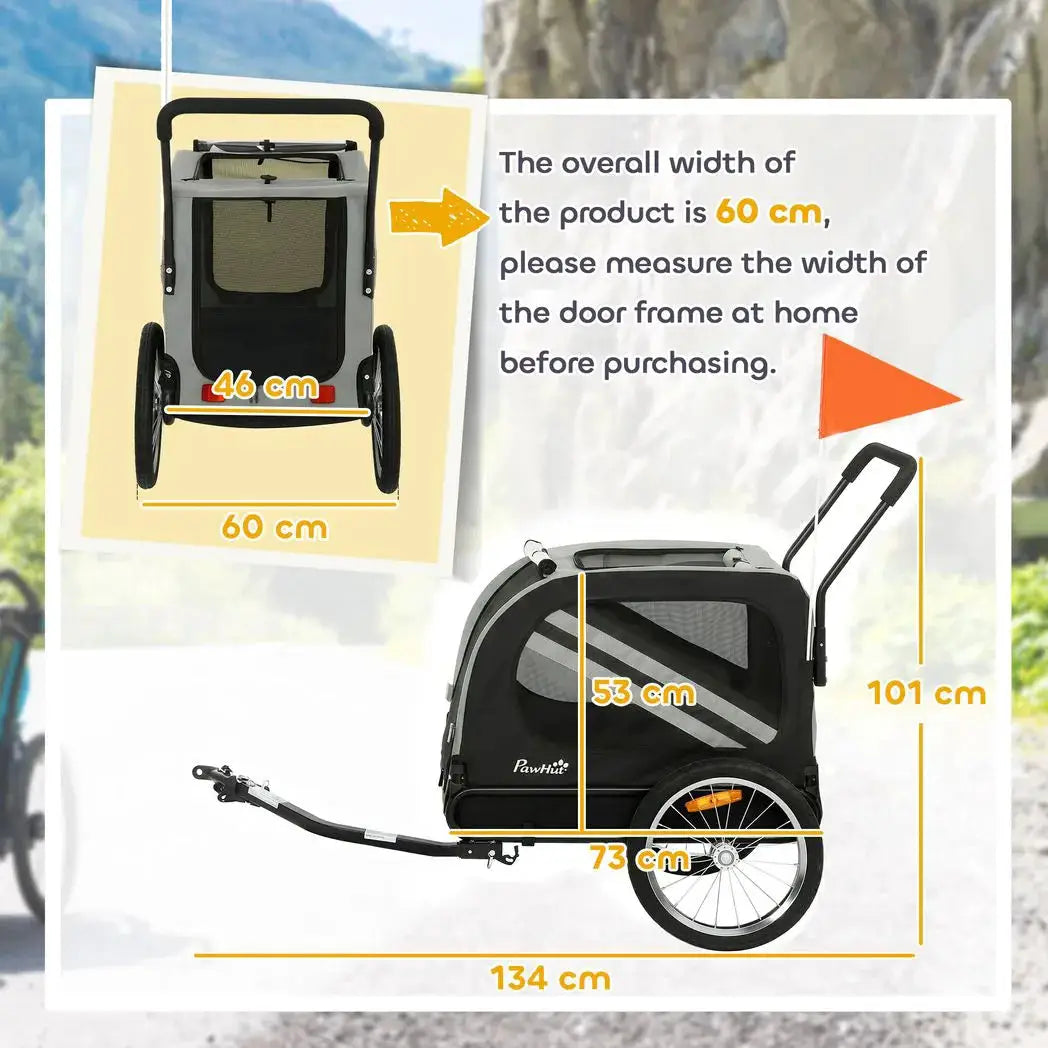 PawHut 2-In-1 Pet Bike Trailer Dog Stroller Pushchair with Universal Wheel Reflector Flag Grey - from PawHut