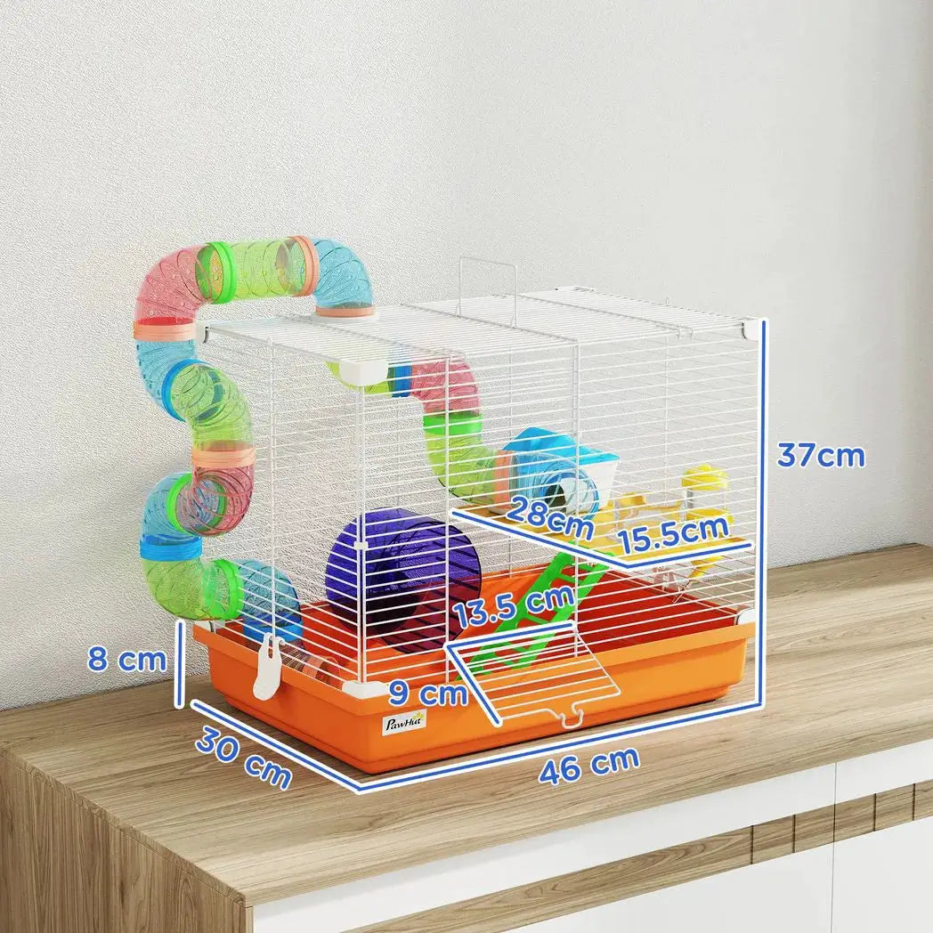 PawHut 2 Tier Hamster Cage, Gerbil Cage with Handle, Exercise Wheels, Tunnel, Water Bottle, Dishes, Ladder, for Dwarf - from PawHut
