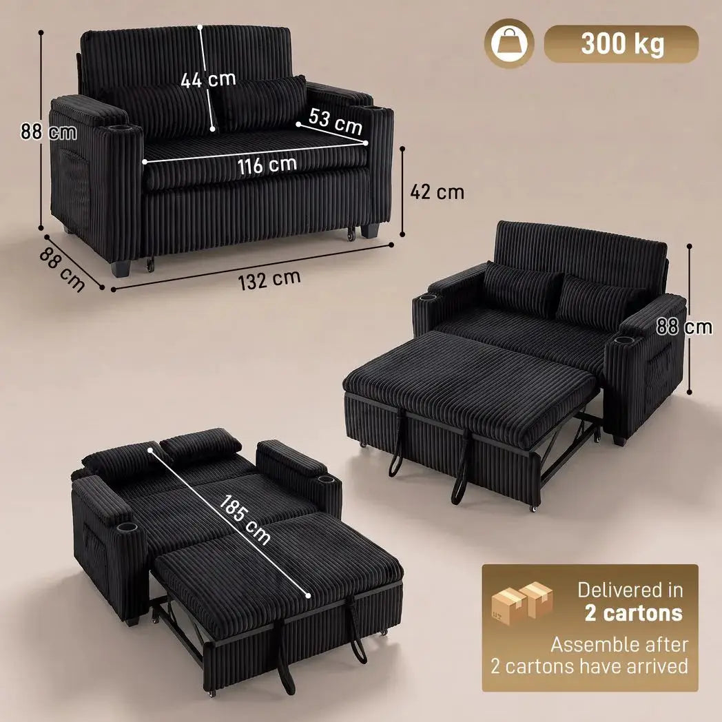 HOMCOM 2 Seater Sofa Bed, Pull Out Sleeper Sofa w/ Adjustable Backrest, Storage Armrests, Cup Holders, Side Pockets, Black - from HOMCOM