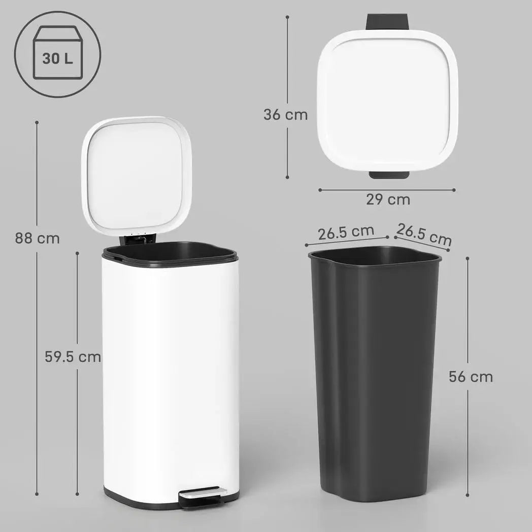 HOMCOM 30L Kitchen Bin, Compact Pedal Bin with Soft-Close and Stay-Open Lid, Removable Bucket for Kitchen, Home, Office, White - from HOMCOM