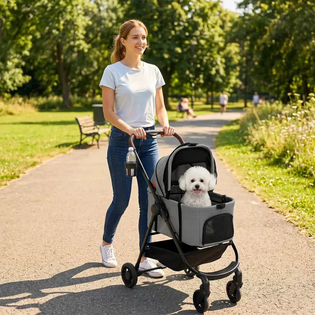 PawHut Dog Stroller, 3 in 1 Foldable Pet Stroller for Small Puppy Cat with Detachable Travel Carrier, Storage Basket, Grey - from PawHut