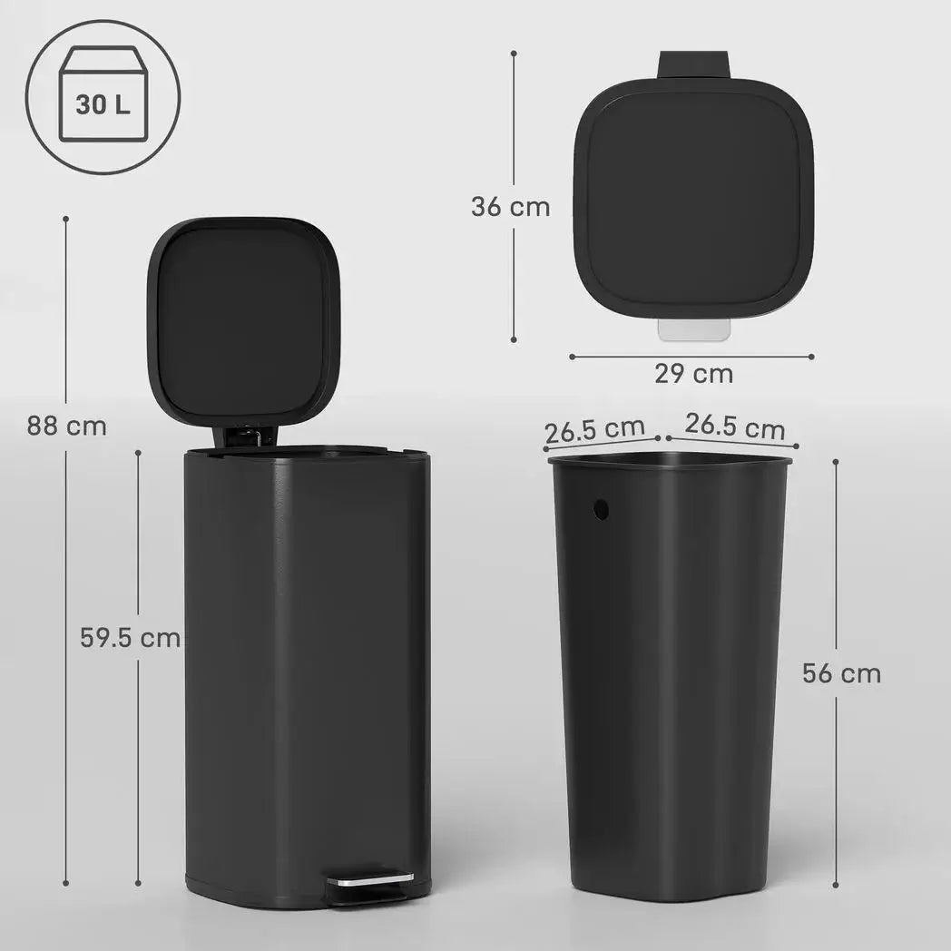 HOMCOM 30L Kitchen Bin, Compact Pedal Bin with Soft-Close and Stay-Open Lid, Removable Bucket for Kitchen, Home, Office, Black - from HOMCOM