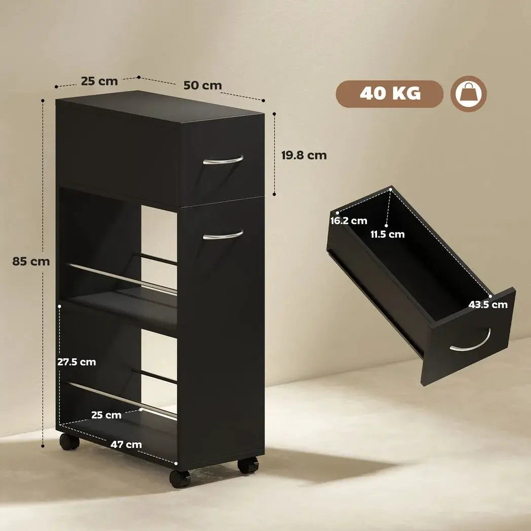 HOMCOM Rolling Storage Unit, 3-Tier Kitchen Cart Trolley with Drawer, Surface Top and 4 Universal Wheels, Black - from HOMCOM