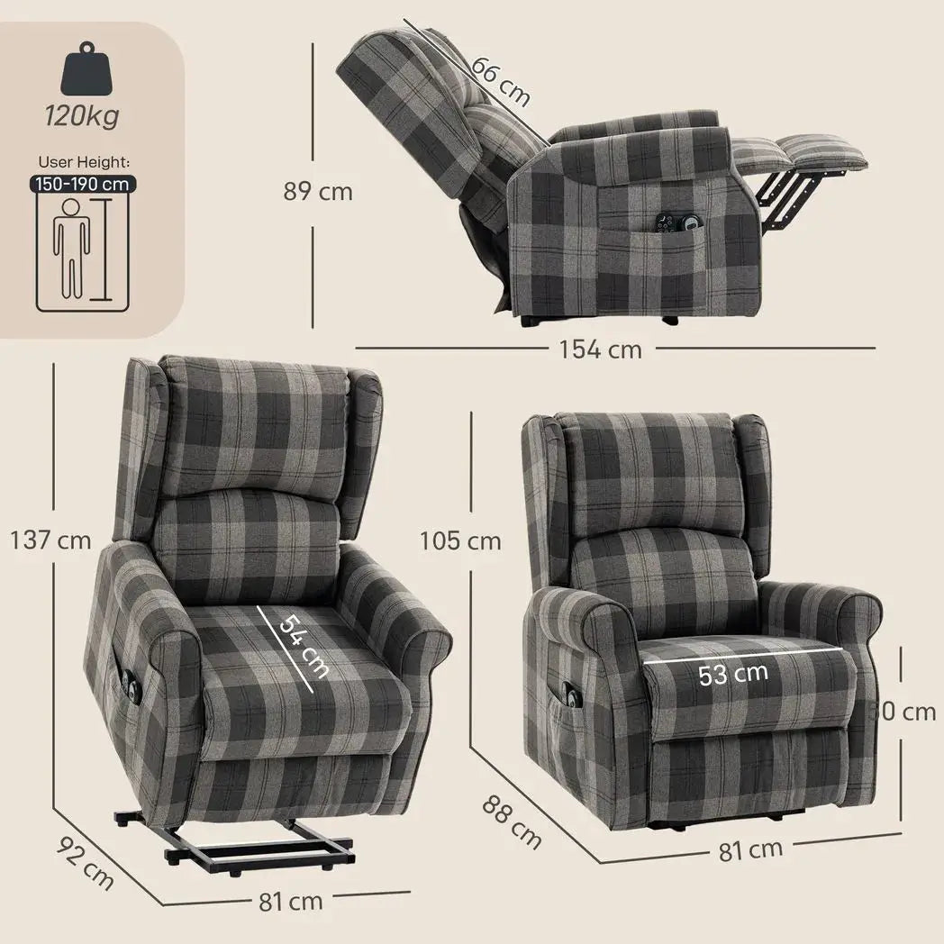 HOMCOM Power Lift Recliner Chair with Vibration Massage, Heat, Checked Lift Chair with Remote, Side Pockets, Grey - from HOMCOM