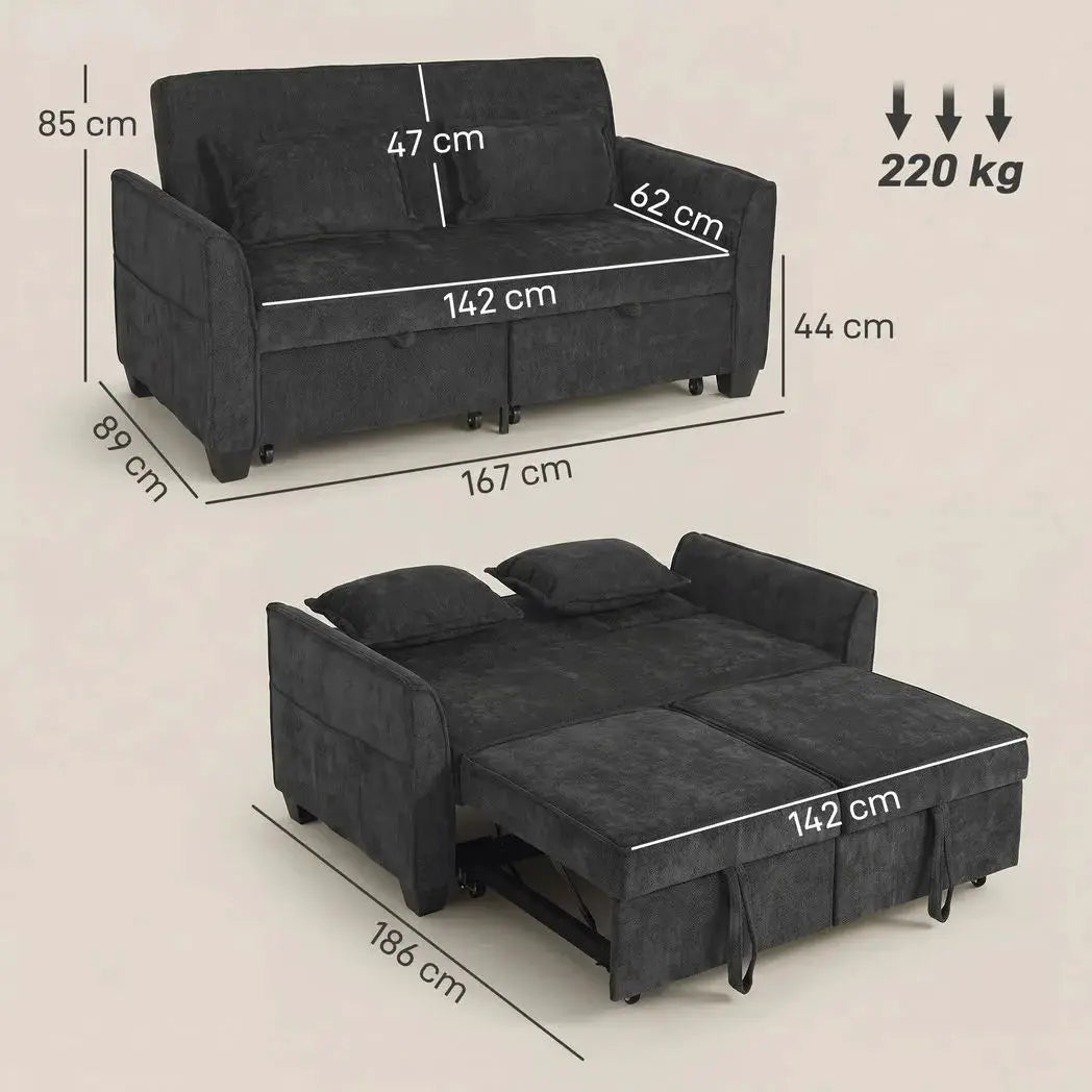 HOMCOM 2 Seater Sofa Bed, 4-in-1 L-Shaped Convertible Pull-Out Sleeper Sofa with Adjustable Backrest and Side Pockets, Black - from HOMCOM